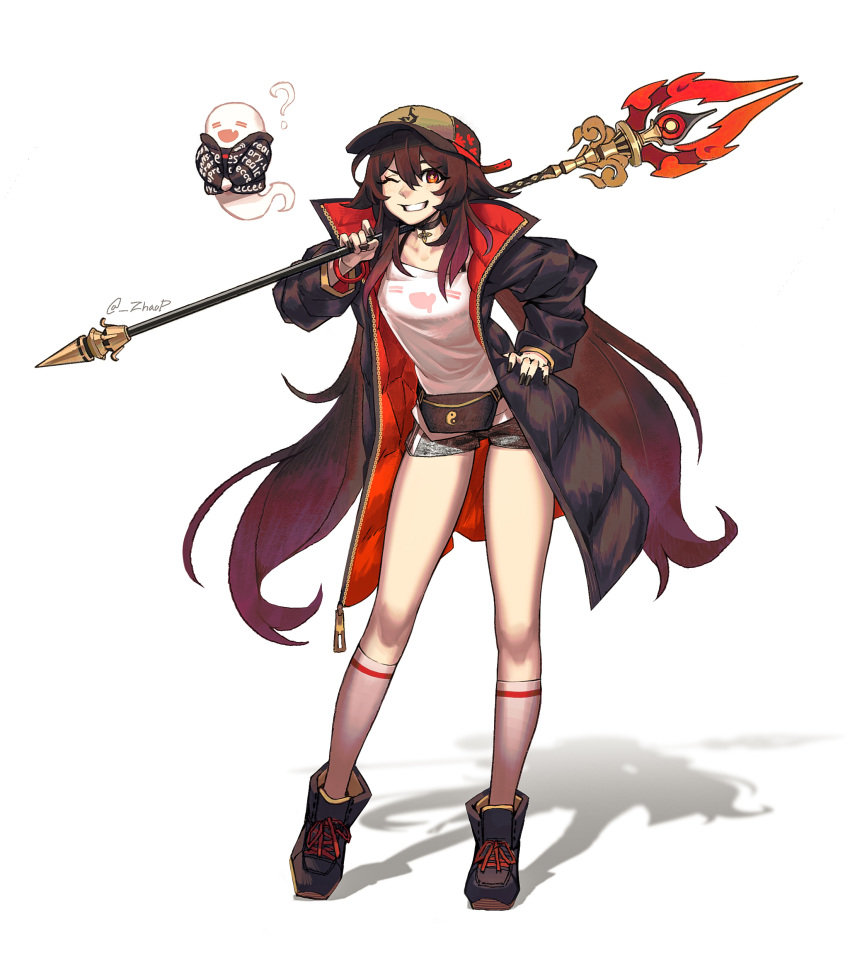 1girl, ?, absurdres, alternate_costume, bangs, baseball_cap, black_coat, boo_tao_(genshin_impact)