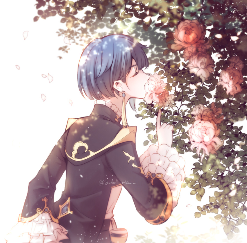1boy, arms_behind_back, artist_name, asymmetrical_hair, backlighting, bangs, blue_coat, blue_hair