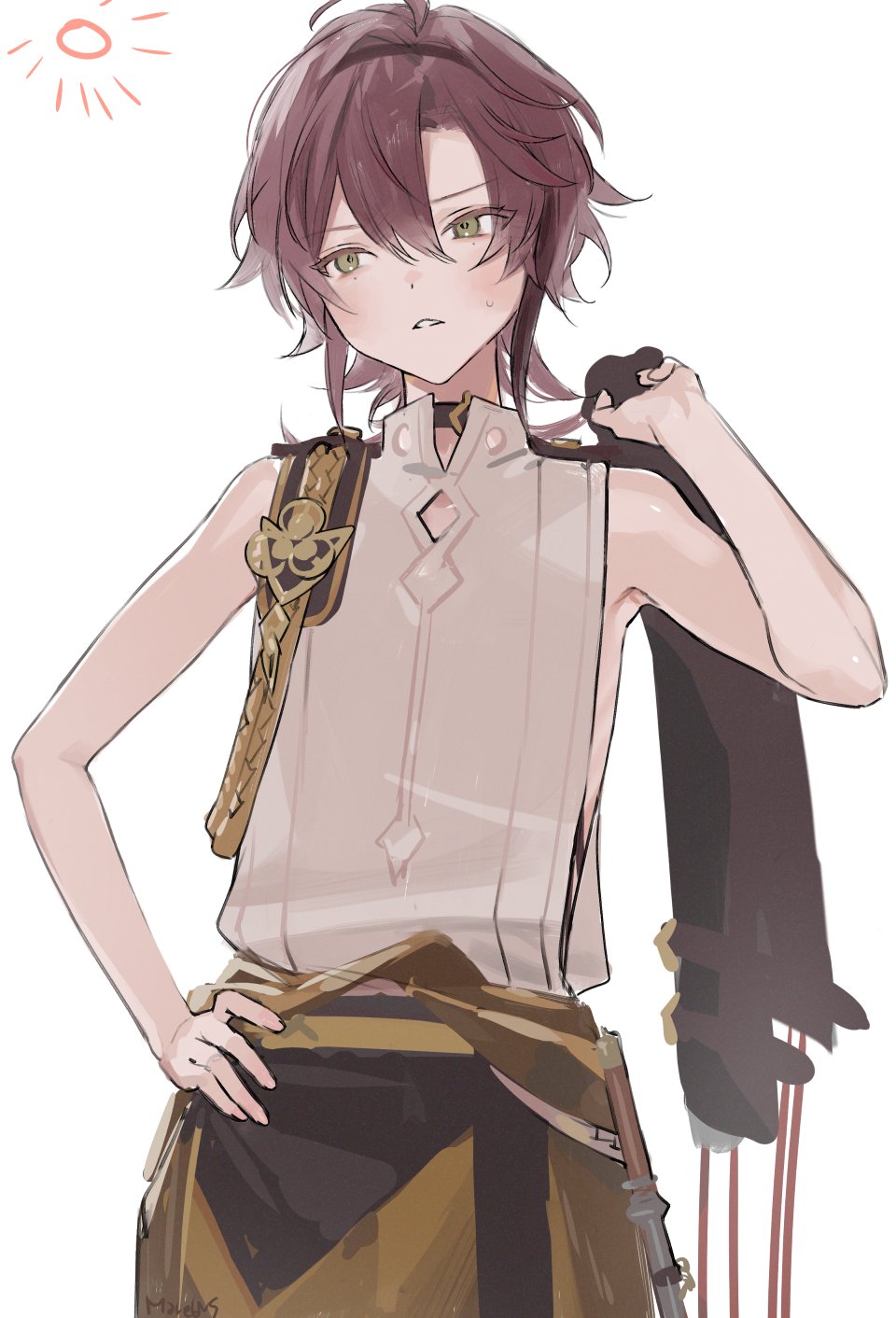1boy, ahoge, androgynous, bangs, choker, clothing_request, commentary_request, cowboy_shot
