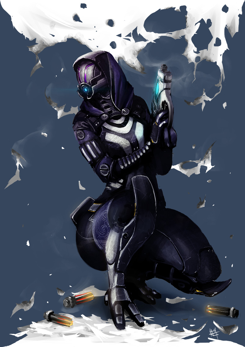 1girl, alien, amrrr, black_bodysuit, body_armor, bodysuit, commentary, full_body, glowing, gun, handgun, hands_up, helmet, holding, holding_gun, holding_weapon, hood, looking_away, looking_to_the_side, mass_effect_(series), science_fiction, solo, squatting, tali'zorah, thick_thighs, thighs, weapon