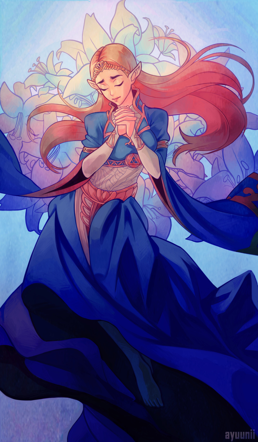 1girl, absurdres, ayuuniiart, blonde_hair, closed_eyes, dress, highres, long_hair