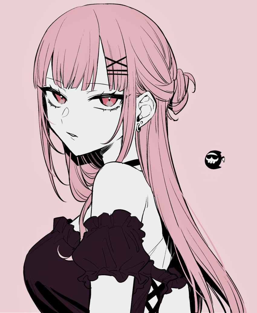 1girl, aneco_(westsea1227), bare_shoulders, black_choker, choker, death-sensei_(mori_calliope), eyelashes, frills
