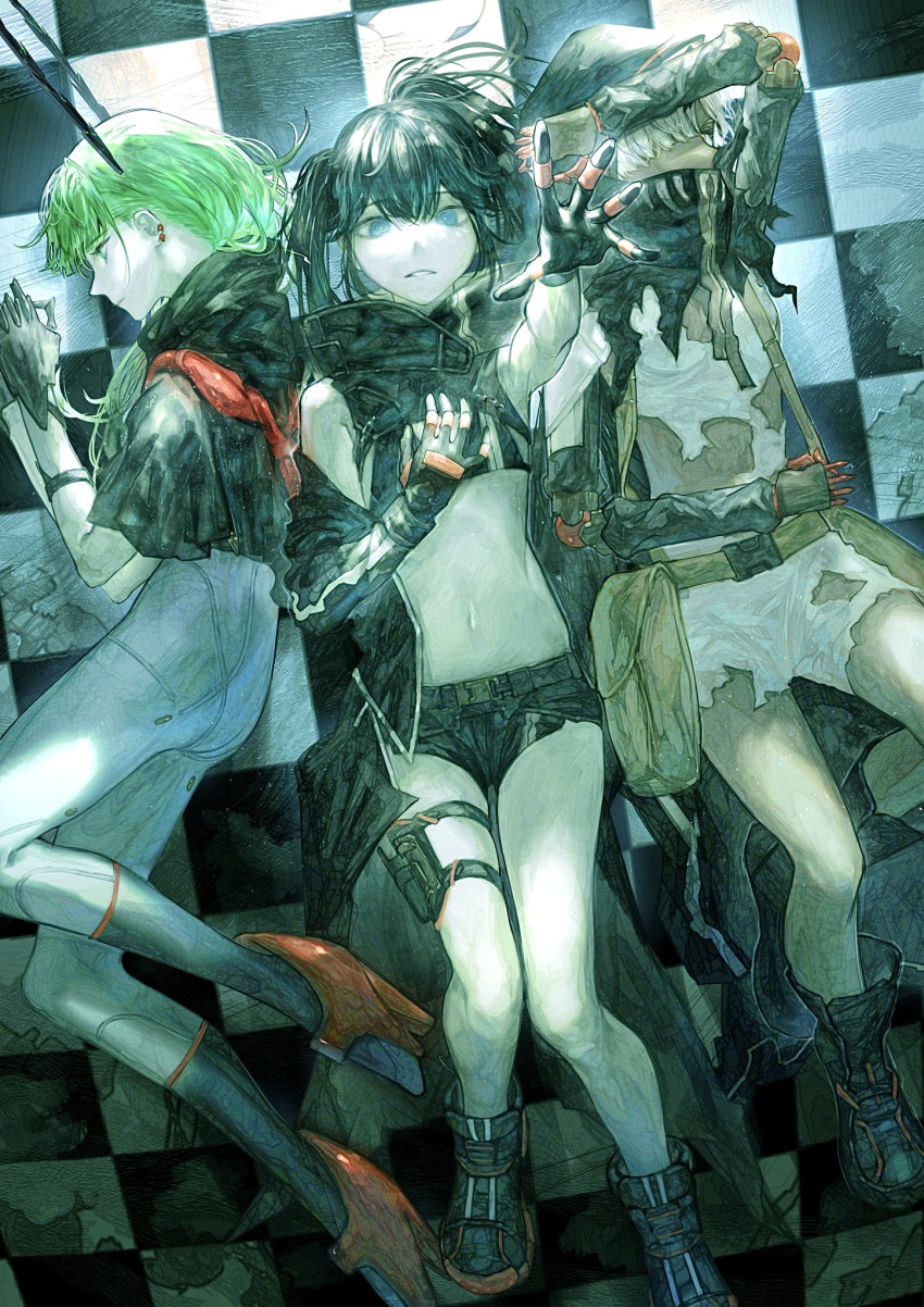 3girls, arm_up, bag, bare_shoulders, belt, black_capelet, black_footwear, black_gloves, black_horns, black_rock_shooter, black_rock_shooter:_dawn_fall, black_rock_shooter_(character), blue_eyes, brown_bag, capelet, checkered_floor, crack, cracked_floor, dark-skinned_female, dark_skin, dead_master, earrings, gloves, green_hair, hair_between_eyes, hair_over_one_eye, hand_on_own_chest, high_heels, highres, holster, hood, hood_down, hood_up, hooded_capelet, horns, jewelry, kataruruni, light_particles, long_hair, looking_at_viewer, lying, multiple_girls, navel, on_back, on_side, open_hand, orange_eyes, painterly, parted_lips, reaching_out, short_hair, short_shorts, shorts, strength_(black_rock_shooter), torn, torn_clothes, twintails, white_hair