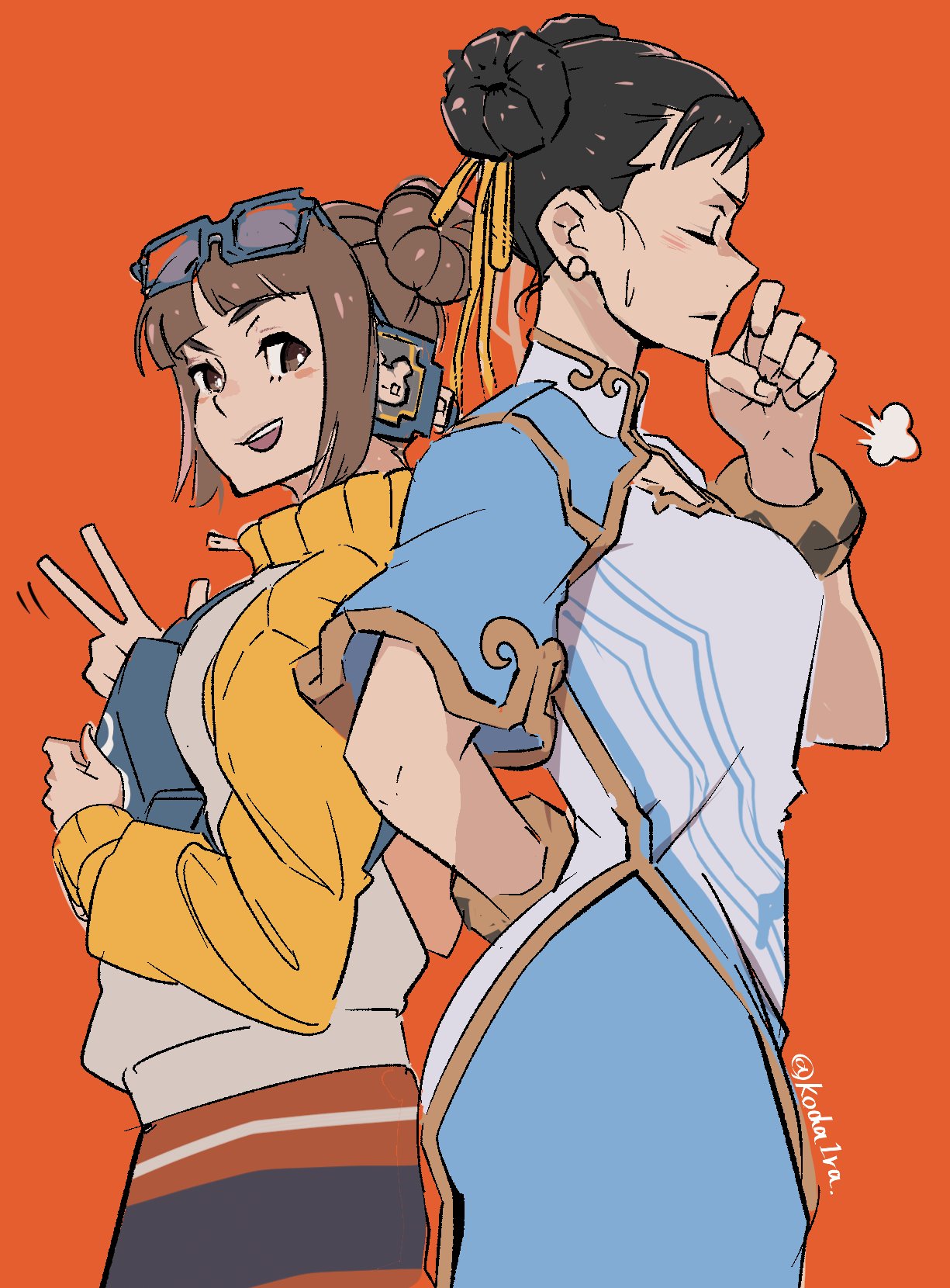 2girls, =3, arm_behind_back, back-to-back, bangs, blue_leggings, blunt_bangs, blush