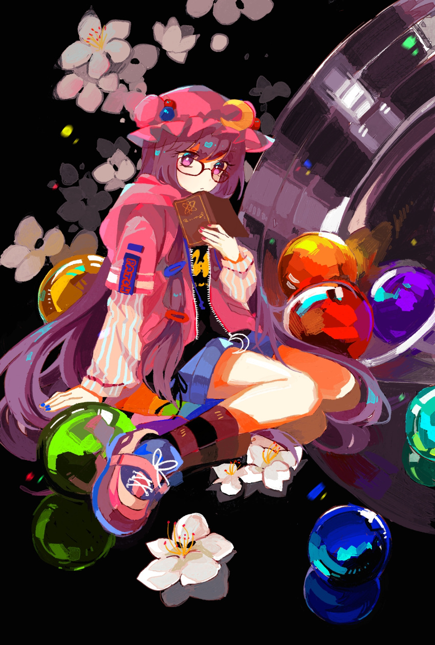 1girl, :/, arm_support, black_shirt, blue_nails, blue_shorts, blush, book, bright_pupils, casual, character_name, chinese_commentary, closed_mouth, commentary_request, contemporary, crescent, crescent_hat_ornament, expressionless, fingernails, flower, full_body, hat, hat_ornament, highres, holding, holding_book, hood, hood_down, hooded_jacket, jacket, long_hair, long_sleeves, looking_at_viewer, miteru, mob_cap, multicolored_nails, nail_polish, open_book, open_clothes, open_jacket, orb, patchouli_knowledge, pink_footwear, pink_headwear, pink_jacket, purple_hair, red-framed_eyewear, red_nails, shirt, shoes, shorts, sitting, sneakers, socks, solo, striped, striped_socks, touhou, very_long_hair, violet_eyes, white_flower, white_pupils, yokozuwari, zipper