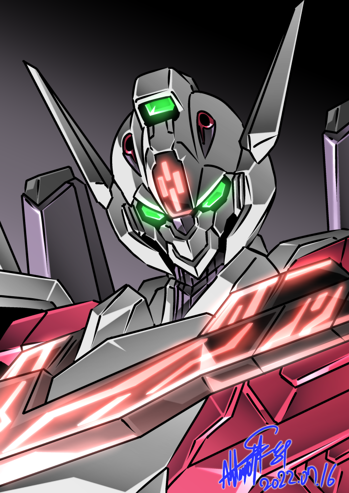 dated, glowing, glowing_eyes, gradient, gradient_background, green_eyes, gundam, gundam_lfrith
