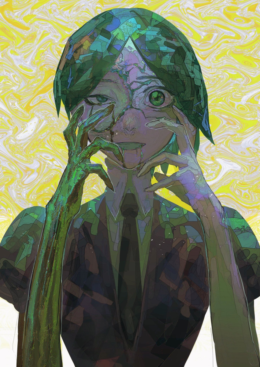 1other, abstract_background, black_necktie, colored_skin, green_eyes, green_hair, green_skin, highres, houseki_no_kuni, kataruruni, necktie, open_mouth, phosphophyllite, puffy_sleeves, saliva, short_hair, solo, turtleneck, upper_body, yellow_background