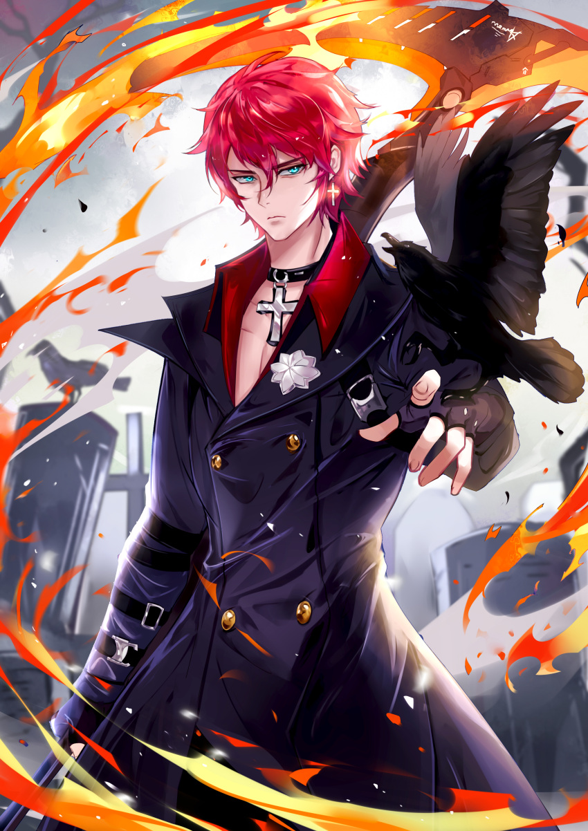 1boy, absurdres, bird, blue_eyes, choker, coat, collared_shirt, cross