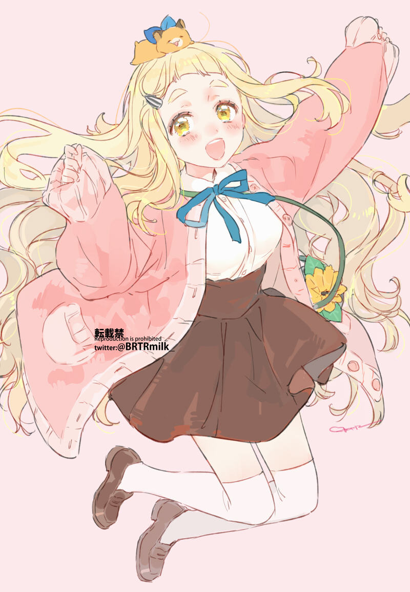 1girl, bag, bangs, blonde_hair, blue_ribbon, blunt_bangs, breasts, brown_footwear