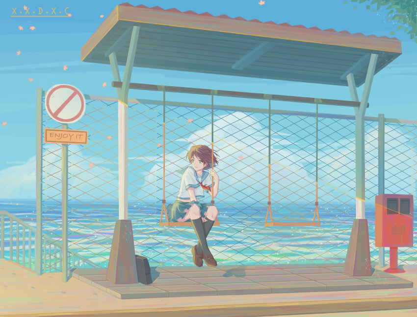 1girl, 809218622, absurdres, black_socks, blue_sky, brown_footwear, brown_hair, clouds