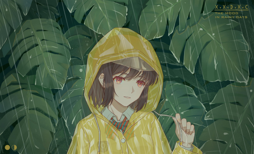 1girl, 809218622, absurdres, bow, bowtie, brown_hair, commentary, commentary_request, english_commentary, english_text, highres, long_sleeves, monstera_deliciosa, original, outdoors, rain, raincoat, red_bow, red_bowtie, school_uniform, shirt, short_hair, solo, striped, striped_bow, striped_bowtie, upper_body, white_shirt