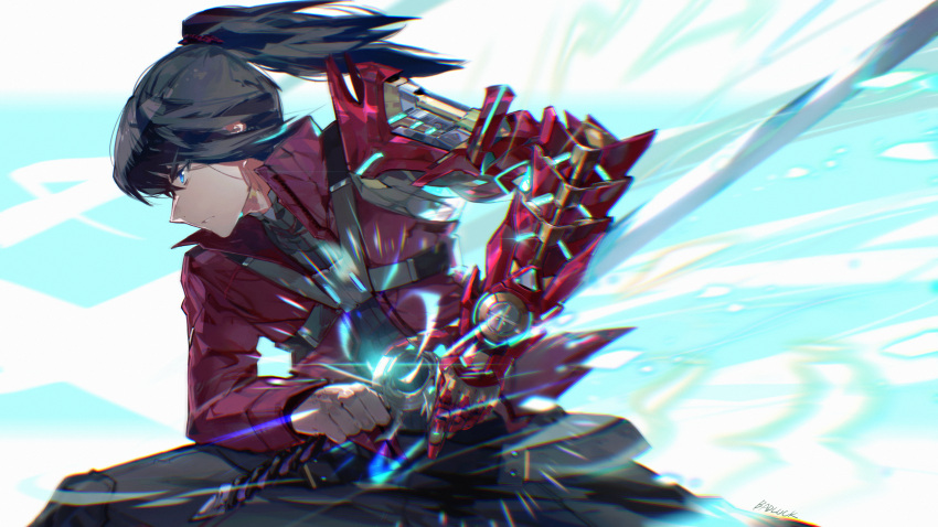 1boy, absurdres, badluck, black_hair, blue_eyes, drawing_sword, energy, highres
