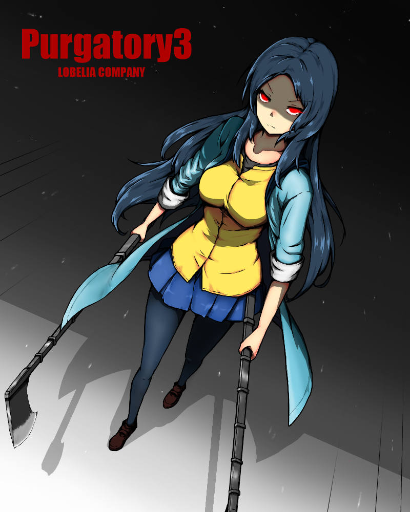 1girl, axe, blue_hair, dual_wielding, empty_eyes, enri_louvre, holding, holding_weapon