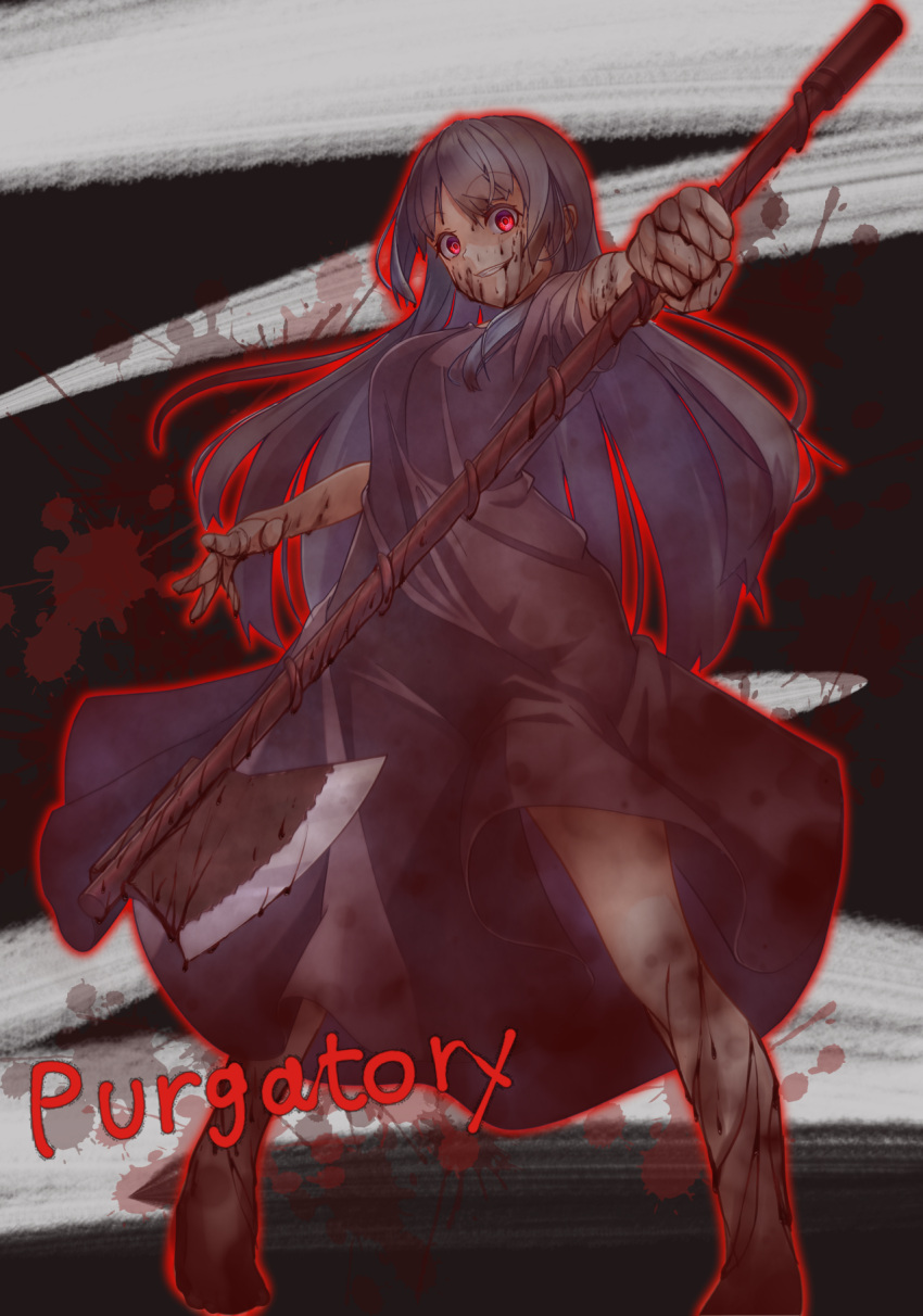1girl, barefoot, blood, blood_on_clothes, blood_on_face, blood_on_weapon, blue_hair, cleaver