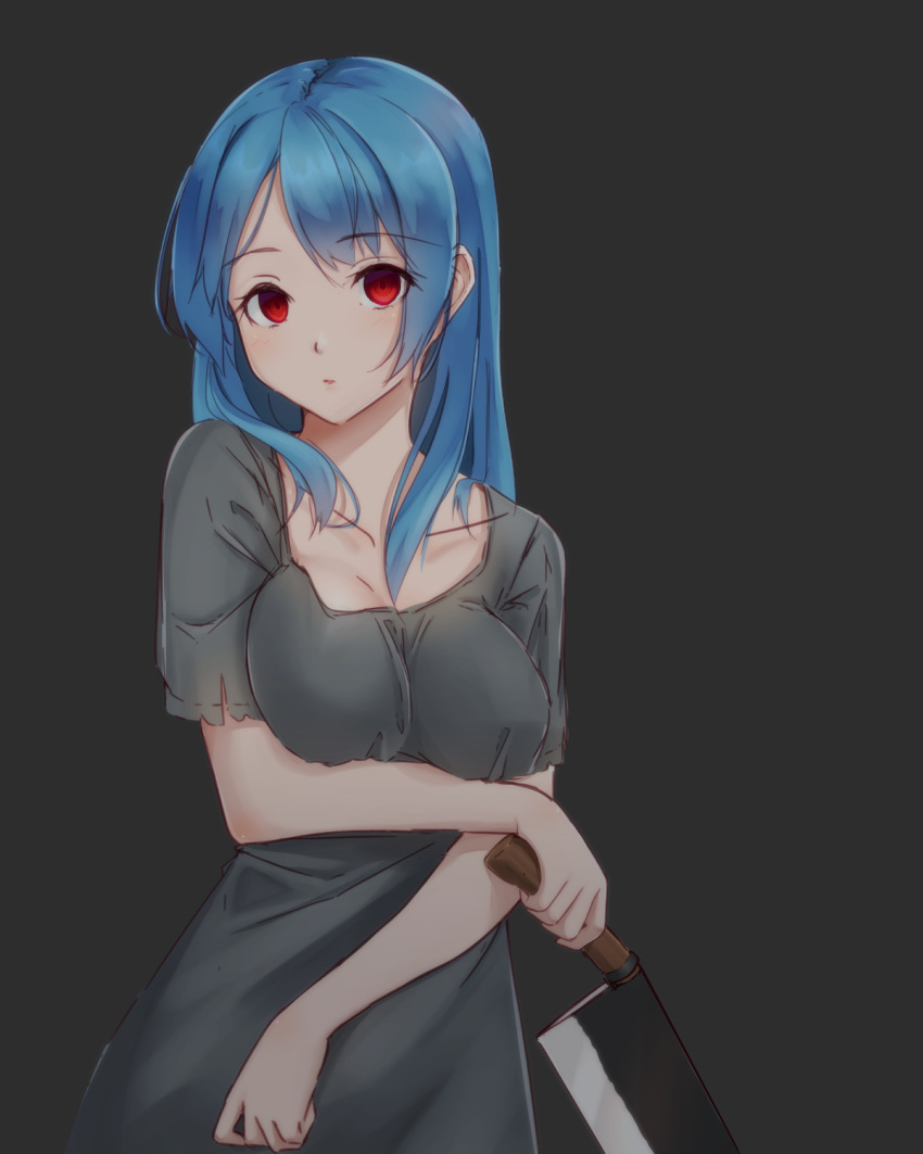 1girl, blue_hair, cleaver, degtyaryov2952, dress, empty_eyes, enri_louvre, grey_dress, highres, holding, holding_knife, knife, long_hair, naraku, naraku_1, purgatory_(series), red_eyes, solo, weapon