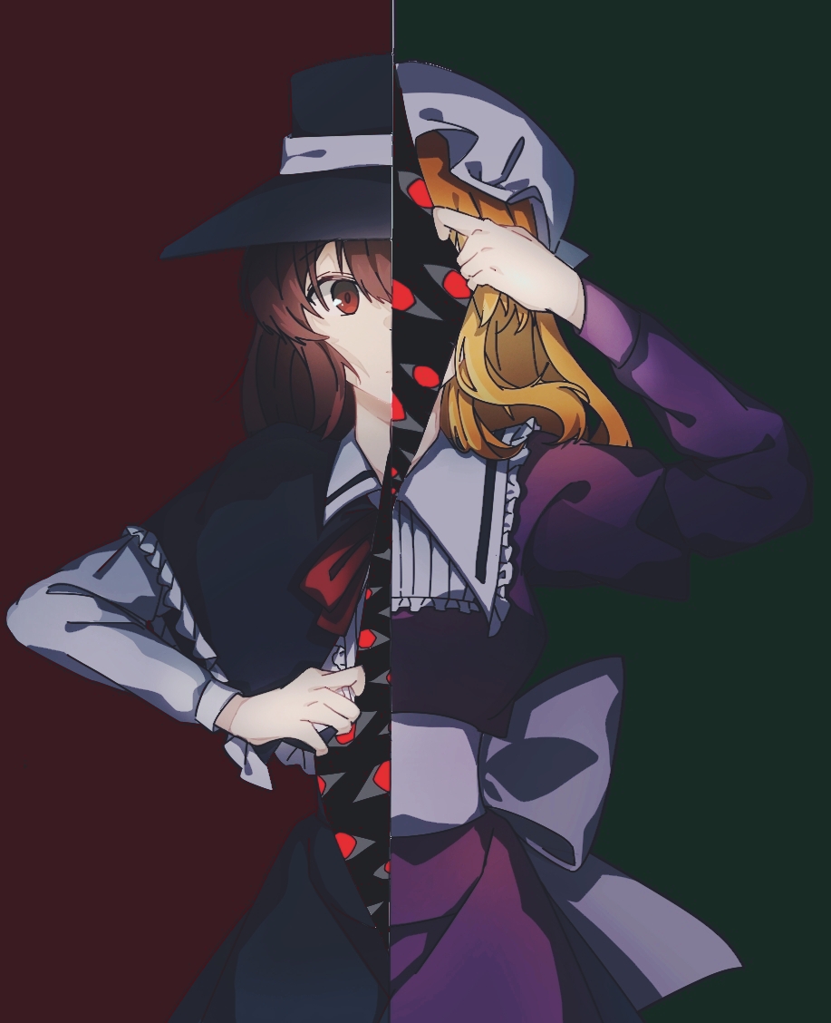 2girls, back_bow, black_capelet, black_headwear, blonde_hair, bow, brown_eyes, brown_hair