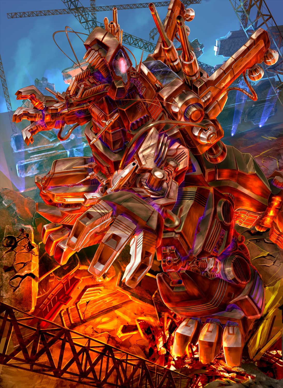 cable, commission, death_saurer, glowing, glowing_eyes, ground_shatter, highres, mecha