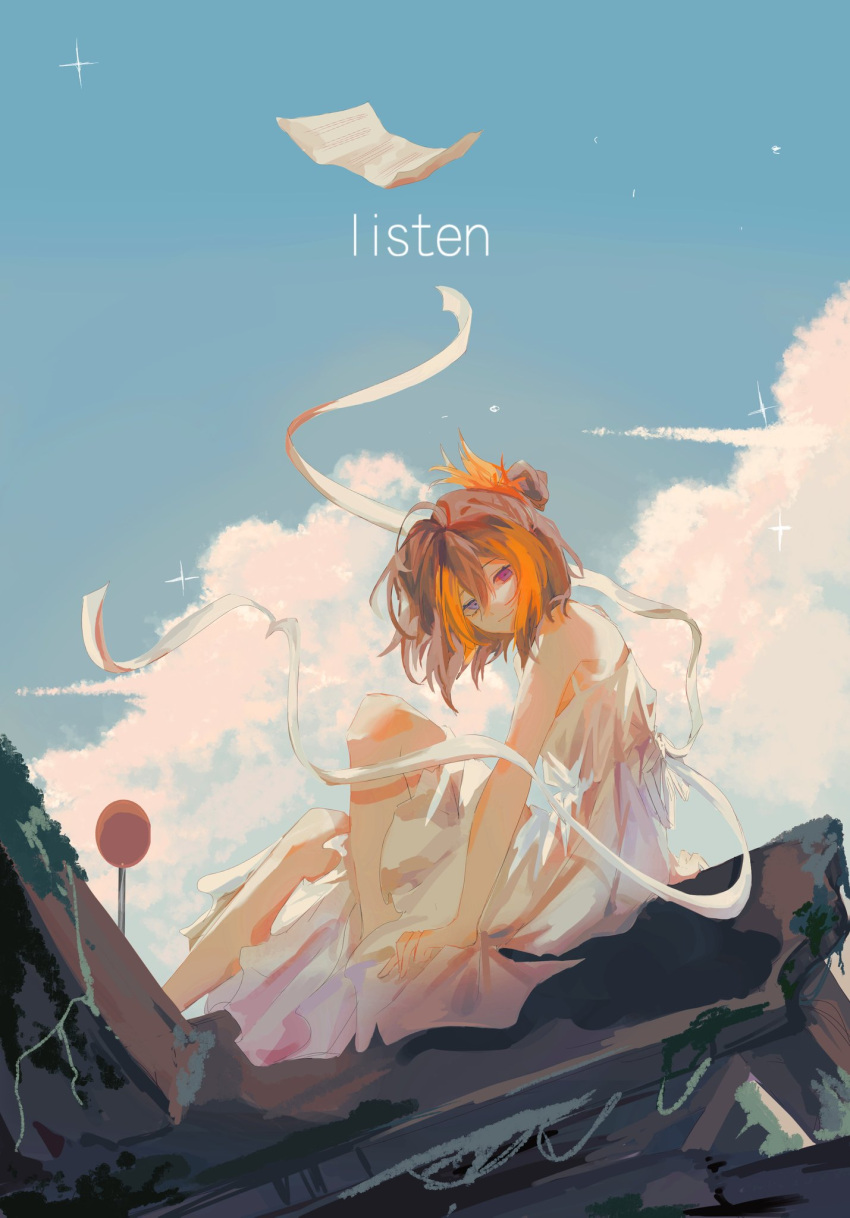 alternate_eye_color, blue_eyes, brown_hair, chinese_commentary, clouds, dress, from_side, hair_between_eyes