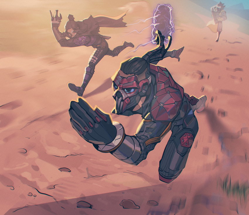 1girl, 2boys, absurdres, apex_legends, apex_legends_mobile, arc_star, armor, black_bodysuit