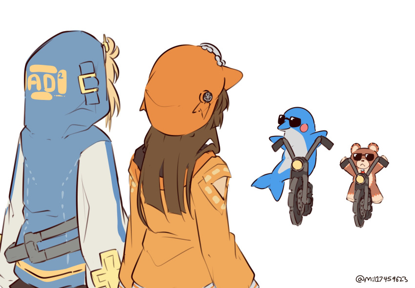 2girls, bicycle, blonde_hair, bridget_(guilty_gear), brown_hair, dolphin, ground_vehicle, guilty_gear