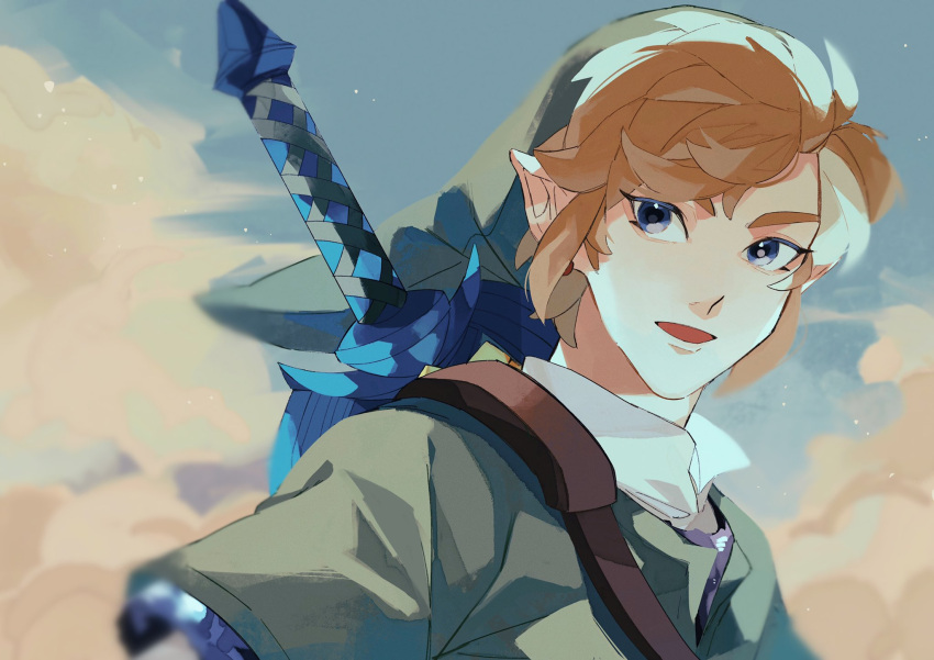 1boy, armor, blonde_hair, blue_eyes, chainmail, clouds, cloudy_sky, earrings