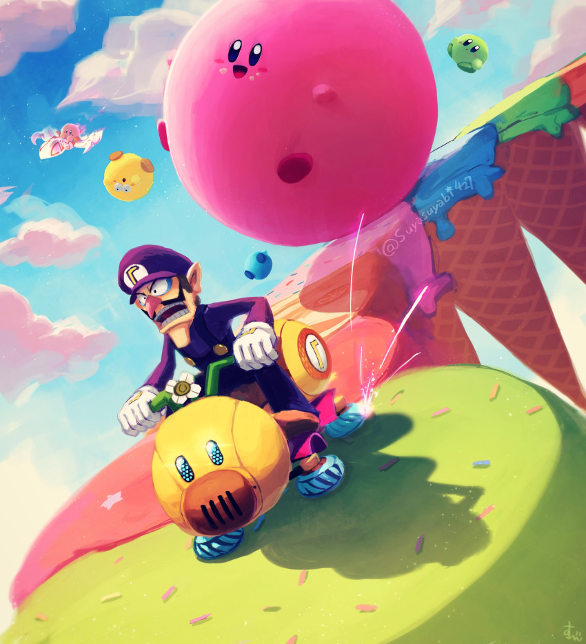 1boy, black_overalls, blue_sky, dragoon_(kirby), elf, facial_hair, hal_laboratory_inc., highres