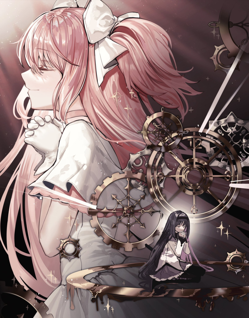 2girls, akemi_homura, bangs, black_footwear, black_hair, black_hairband, boots, bow, brown_background, choker, closed_eyes, dress, frilled_skirt, frills, from_side, gears, gloves, goddess_madoka, hair_bow, hairband, hands_up, highres, interlocked_fingers, jacket, kaname_madoka, laun_000, long_hair, long_sleeves, mahou_shoujo_madoka_magica, multiple_girls, own_hands_clasped, own_hands_together, pink_hair, praying, profile, purple_skirt, sitting, size_difference, skirt, smile, sparkle, thigh_boots, two_side_up, wariza, white_choker, white_dress, white_gloves, white_jacket