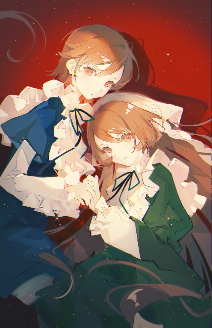 2girls, 7tkei, absurdres, bangs, blue_dress, bonnet, brown_eyes, brown_hair