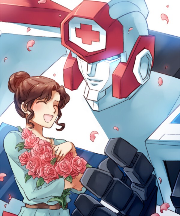 :d, blue_dress, bouquet, brown_hair, closed_eyes, dress, guard_rescue, hair_bun, holding, holding_bouquet, itaru_souga, katsuki_masako, kunieda_yoshiko, long_sleeves, mecha, petals, robot, short_hair, smile, taiyou_no_yuusha_fighbird, yuusha_series