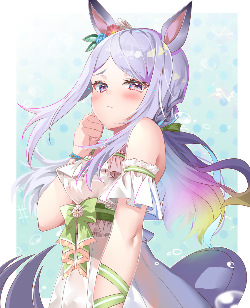 1girl, :<, absurdres, animal_ears, arm_ribbon, bangs, bare_shoulders, blue_flower