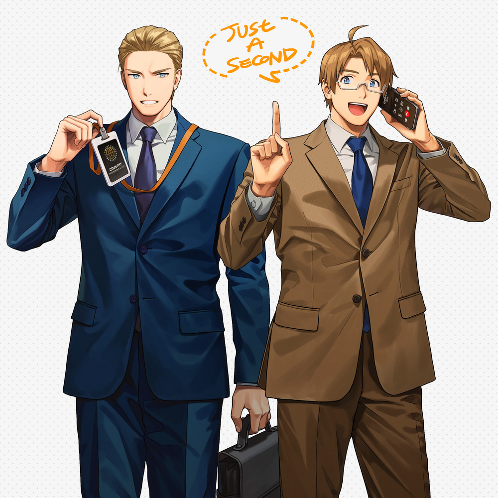 2boys, :d, ahoge, america_(hetalia), axis_powers_hetalia, blonde_hair, blue_eyes, blue_necktie, blue_suit, brown_suit, collared_shirt, english_text, formal, glasses, hair_slicked_back, id_card, index_finger_raised, littleb623, male_focus, meeting, multiple_boys, name_tag, necktie, shirt, smile, suit, talking_on_phone