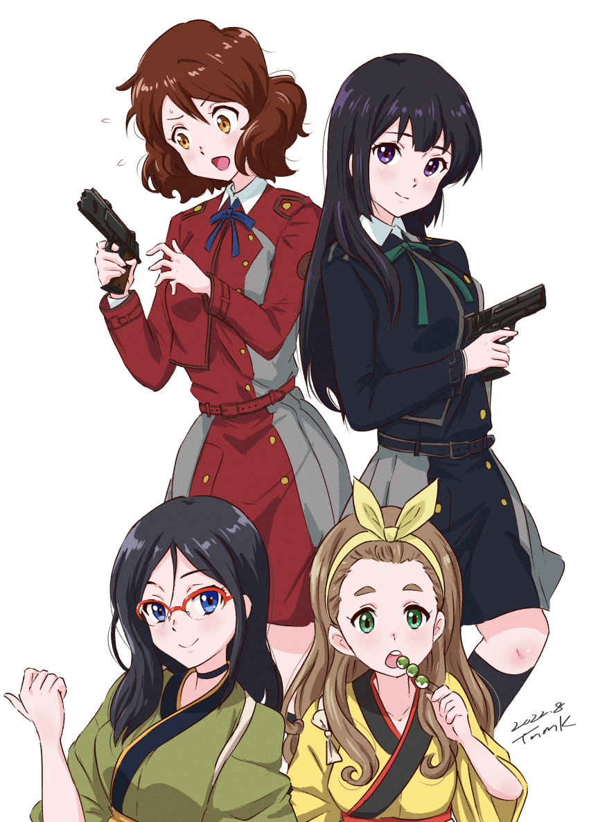 4girls, absurdres, alternate_costume, bangs, black_hair, blonde_hair, blue_eyes, blue_shirt