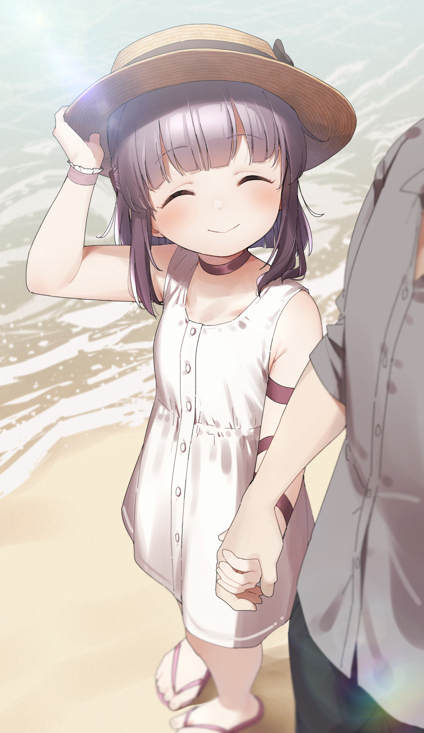 1boy, 1girl, absurdres, alternate_costume, arm_ribbon, bangs, beach, blush
