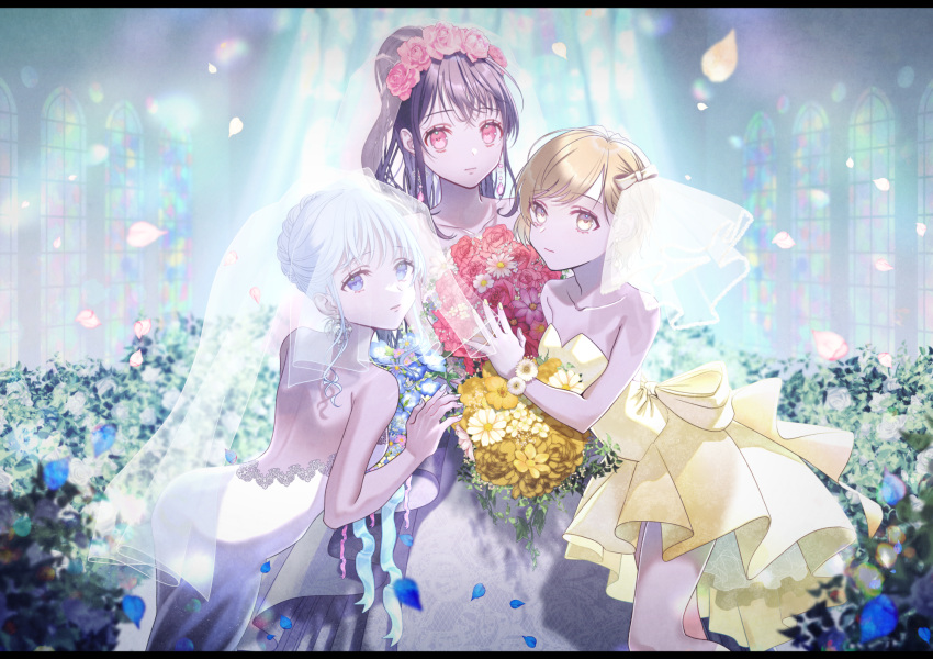3girls, aitsuki_nakuru, black_hair, blonde_hair, blue_eyes, bride, dress, flower