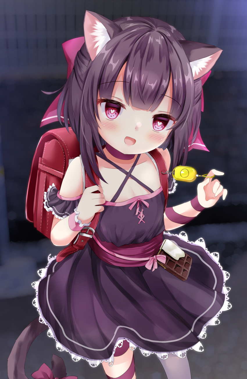 1girl, :d, absurdres, animal_ears, arm_ribbon, backpack, bag, bangs