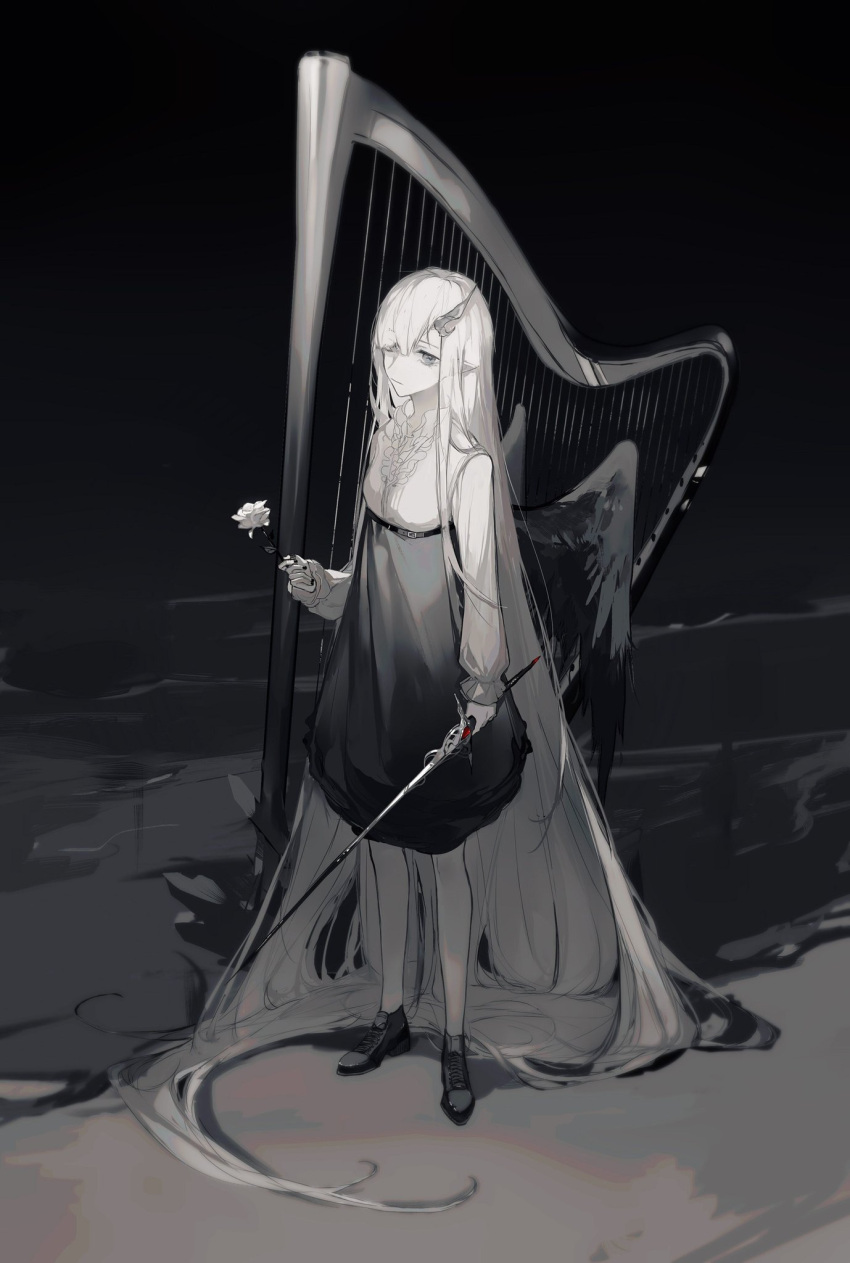 1girl, black_nails, black_wings, chinese_commentary, dark_background, flower, frills, full_body, harp, highres, holding, holding_flower, holding_weapon, horns, instrument, liquid, long_hair, long_skirt, long_sleeves, looking_at_viewer, monochrome, original, pointy_ears, rapier, sevenotsu, shirt_tucked_in, skirt, solo, straight_hair, sword, very_long_hair, weapon, white_hair, wings