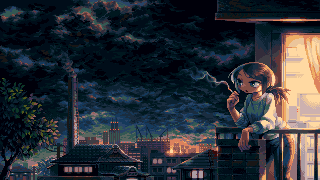 1girl, balcony, blue_eyes, brown_hair, building, cigarette, city, clouds