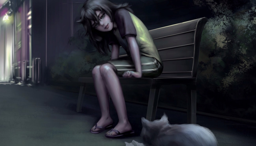 1girl, bench, black_hair, bush, cat, flip-flops, hair_between_eyes, honeybunny-art