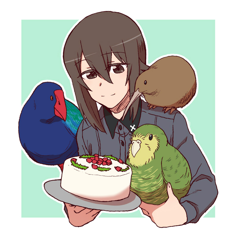 1girl, animal, animal_on_shoulder, bangs, bird, brown_eyes, brown_hair, cake