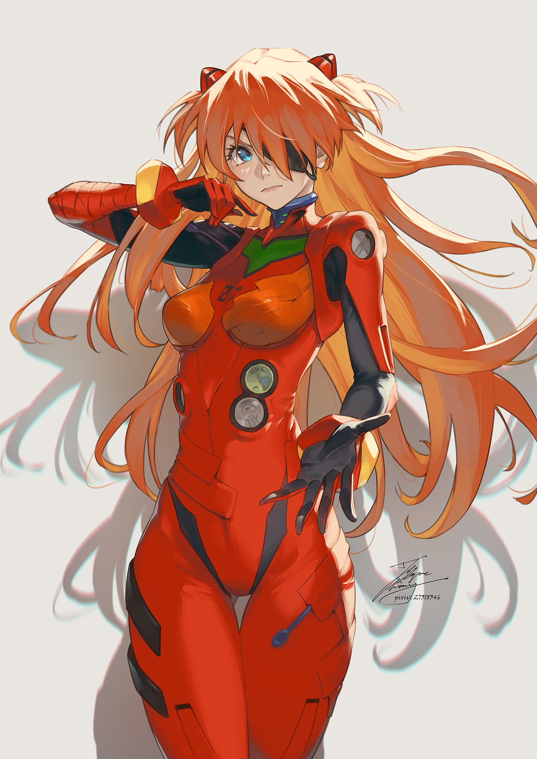 1girl, blue_eyes, bodysuit, breasts, closed_mouth, eyepatch, fadingz, grey_background