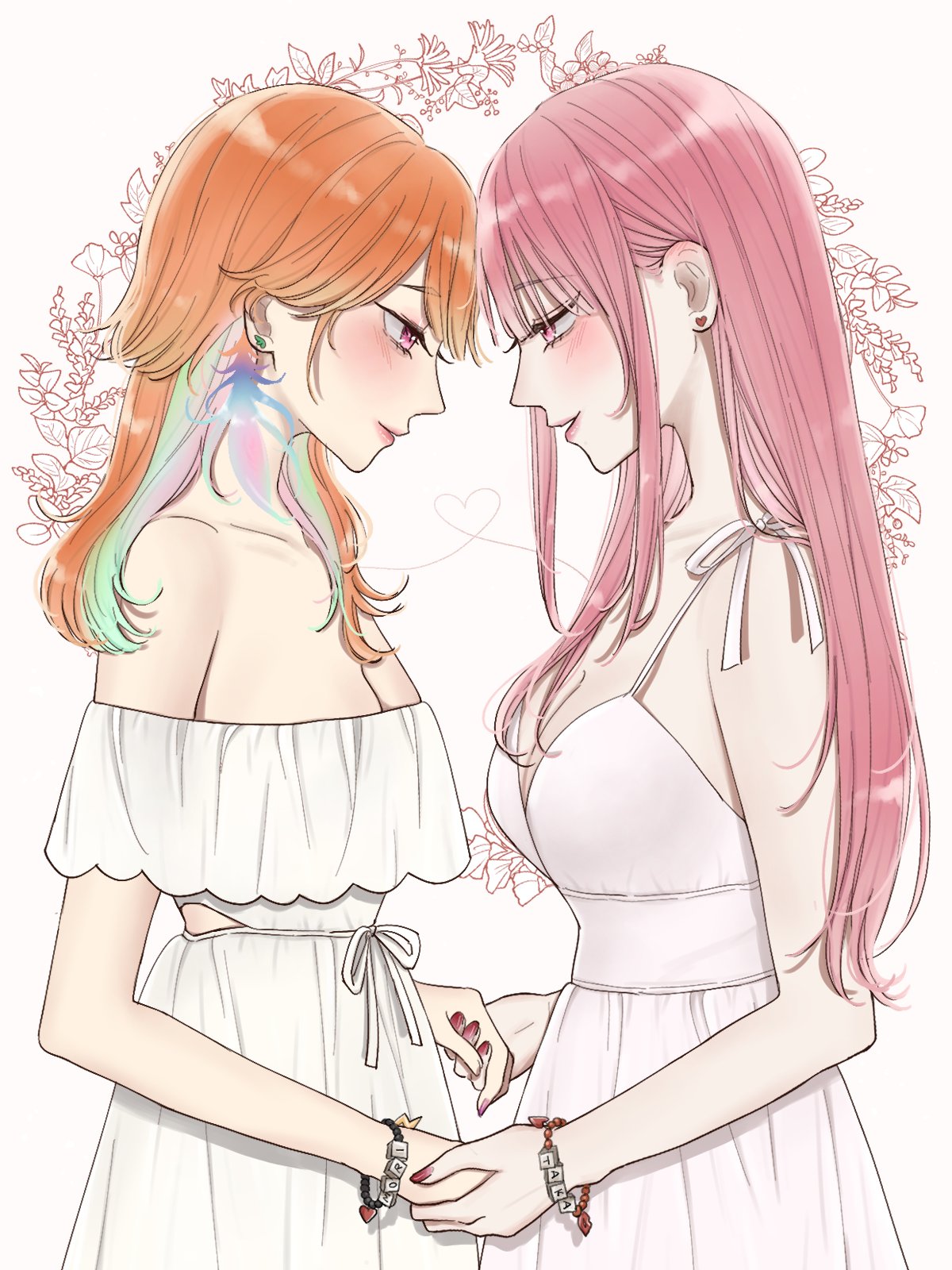 alternate_costume, bangs, bare_shoulders, bracelet, breasts, couple, dress, earrings