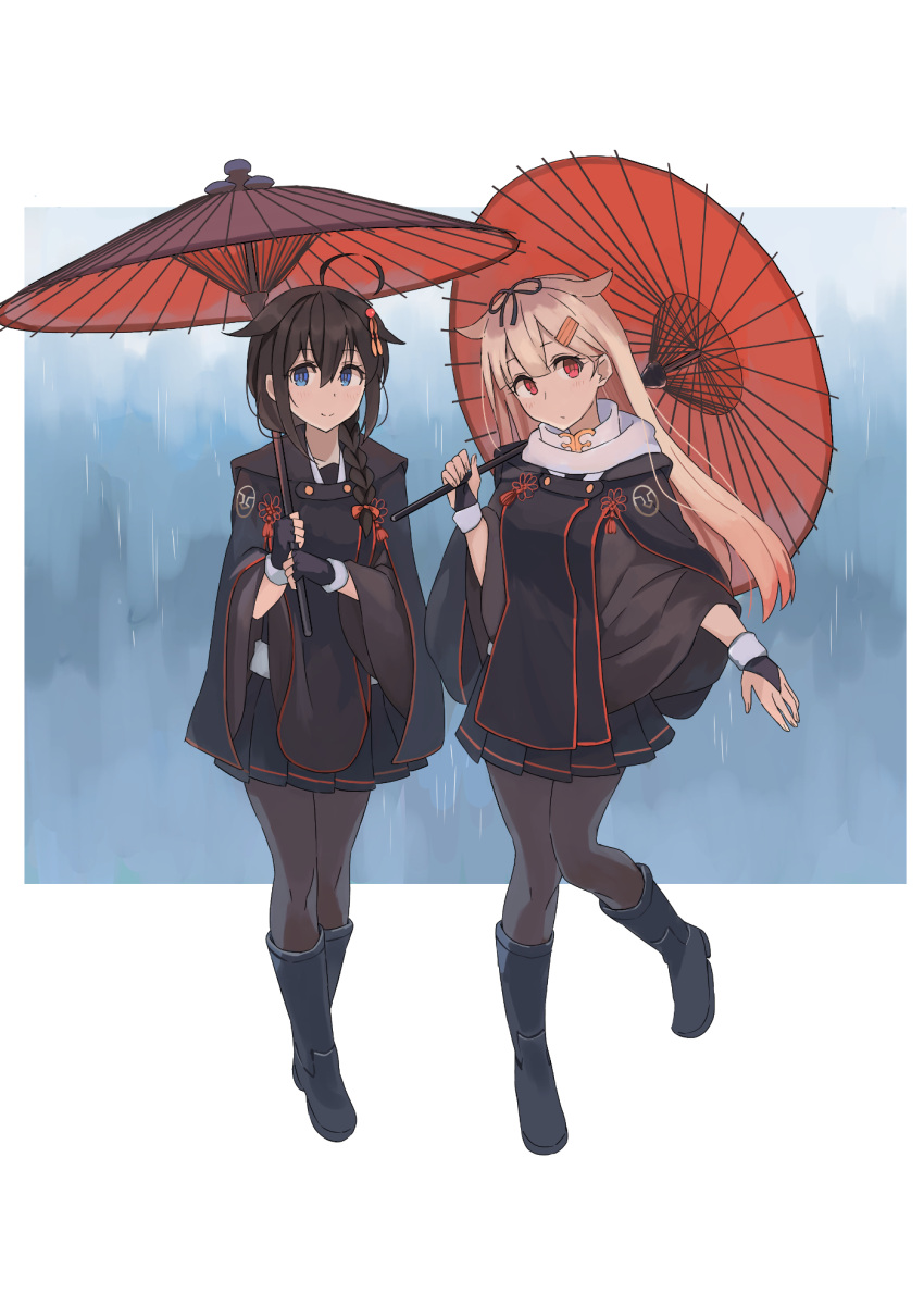 2girls, ahoge, alternate_costume, bangs, black_coat, black_footwear, black_gloves, black_hair