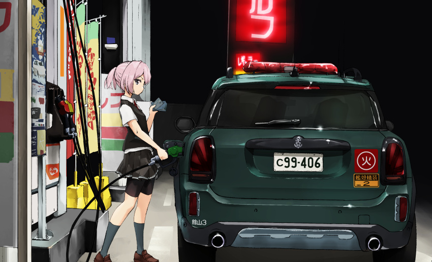 1girl, bike_shorts, blue_eyes, brown_footwear, car, dress_shirt, from_side, gas_station
