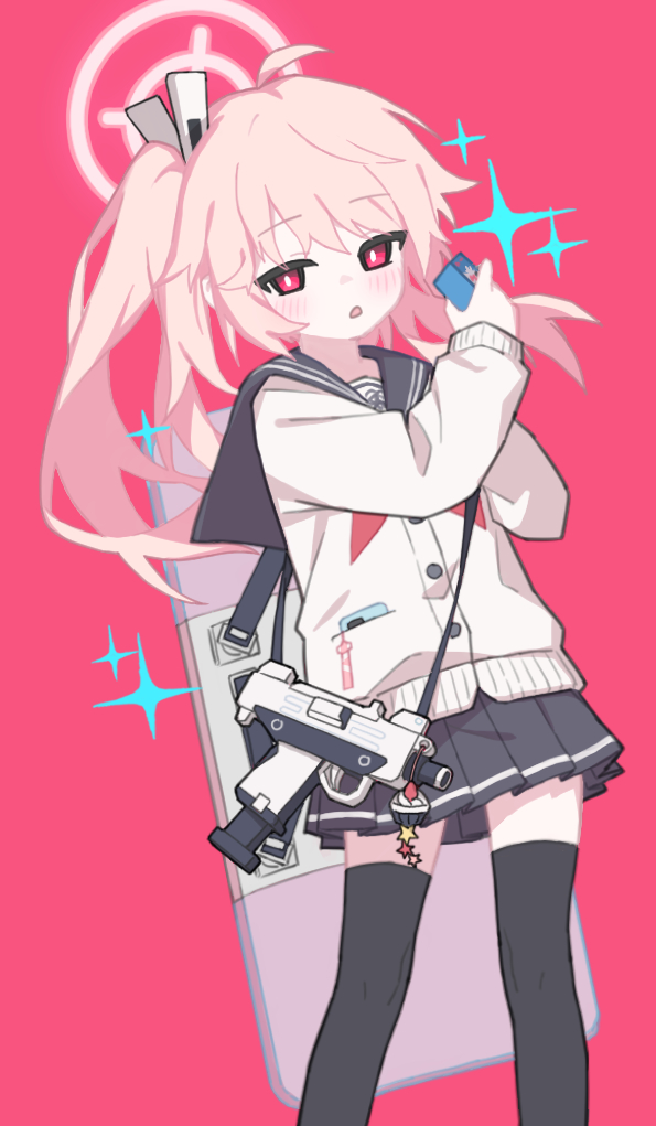 1girl, ahoge, az2633428422, bangs, black_sailor_collar, blue_archive, cardigan, cellphone