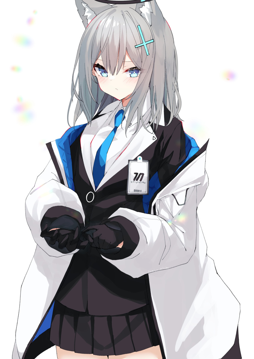 1girl, absurdres, animal_ear_fluff, animal_ears, bangs, blue_archive, blue_eyes, blue_necktie, collared_shirt, cross_hair_ornament, extra_ears, formal, grey_hair, hair_ornament, halo, highres, id_card, jacket, kamiya_mitobe, looking_at_viewer, medium_hair, miniskirt, mismatched_pupils, multicolored_clothes, multicolored_jacket, necktie, off_shoulder, open_clothes, open_jacket, pleated_skirt, shiroko_(blue_archive), shirt, skirt, solo, suit, two-tone_jacket, white_jacket, white_shirt, wolf_ears, yuuka_(blue_archive)