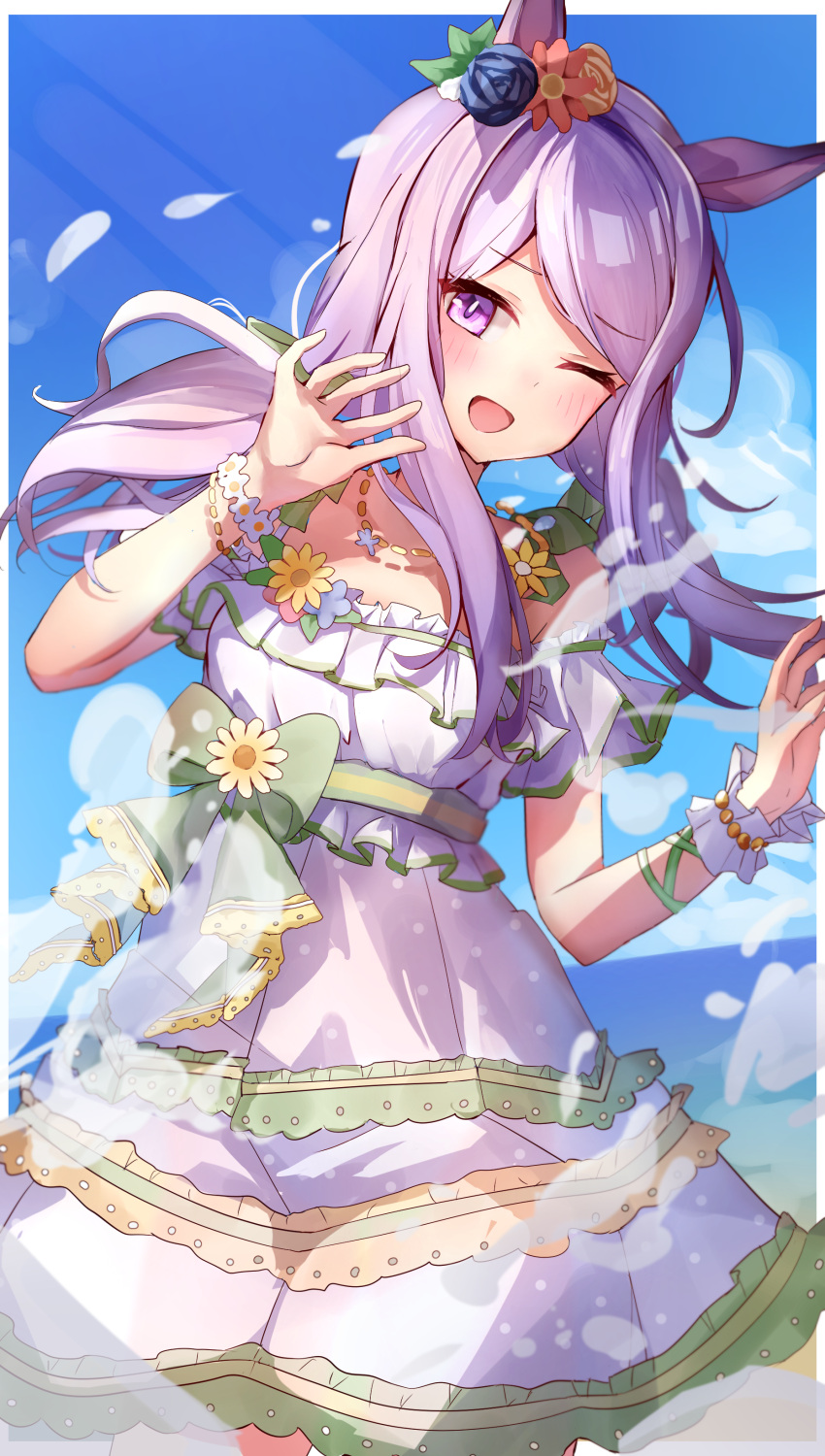 1girl, ;d, absurdres, animal_ears, blush, commentary, hair_ribbon, highres