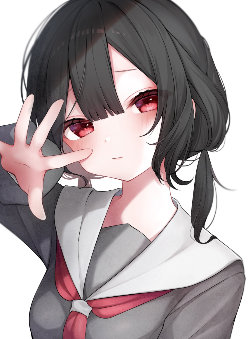 1girl, aoi_migo, asymmetrical_bangs, bangs, black_hair, blunt_bangs, blurry, blush, close-up, closed_mouth, depth_of_field, dot_nose, grey_sailor_collar, grey_shirt, hair_between_eyes, highres, long_hair, long_sleeves, looking_at_viewer, neckerchief, open_hand, original, portrait, red_eyes, red_neckerchief, sailor_collar, shirt, simple_background, solo, twintails, upper_body, white_background