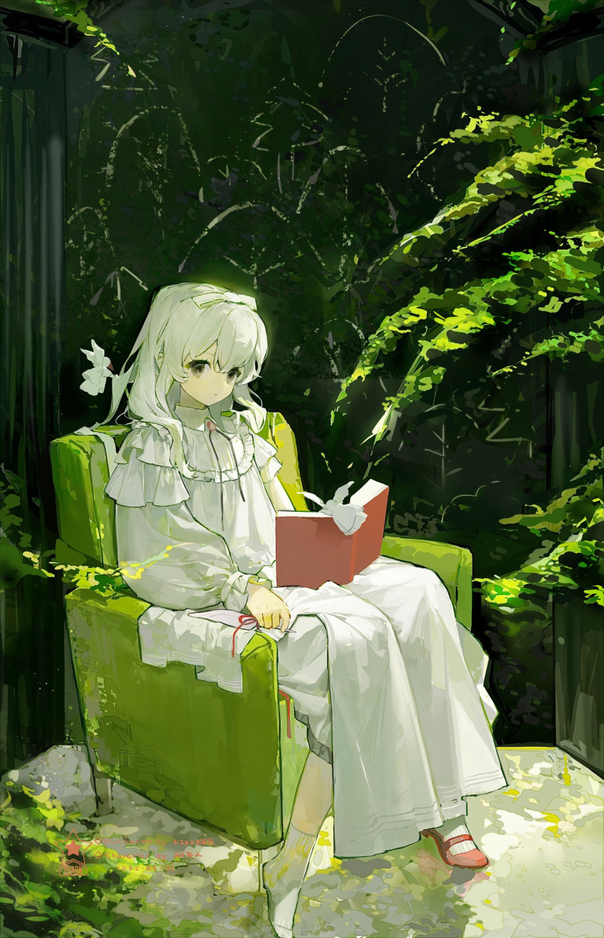 1girl, angel, armchair, bangs, book, bow, chair, closed_mouth