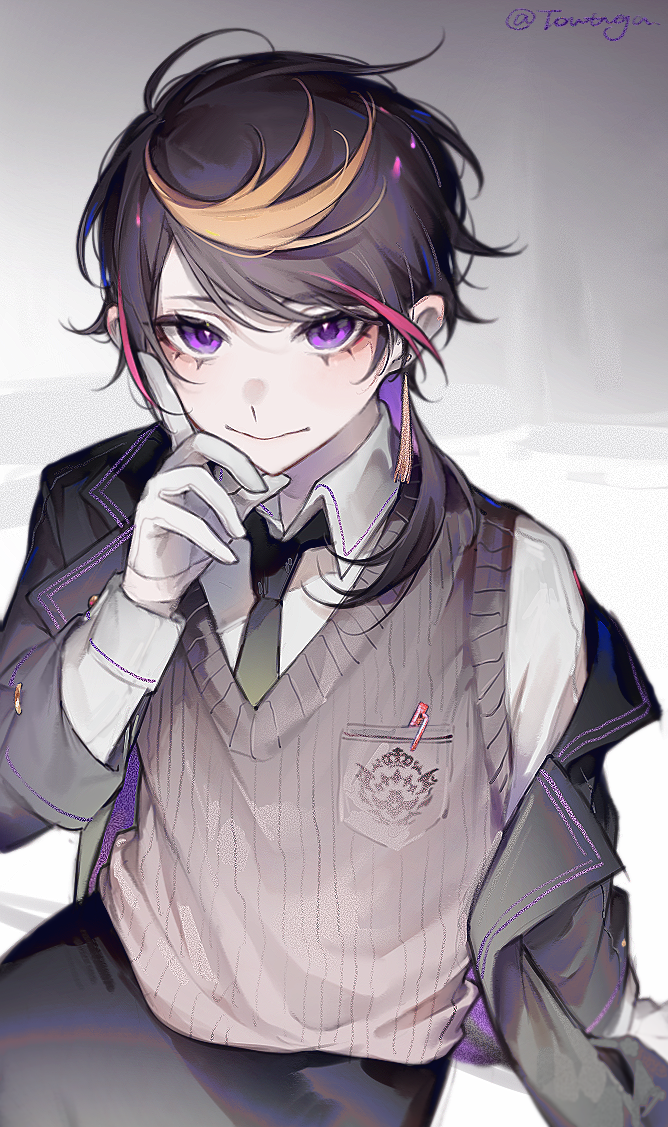 1boy, bangs, black_hair, black_jacket, black_necktie, blonde_hair, brown_vest, chinese_commentary