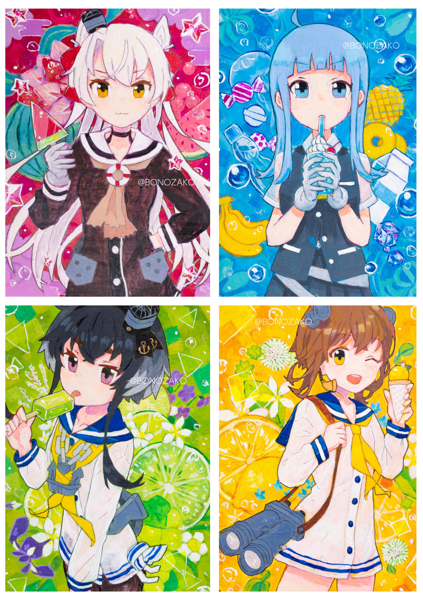 4girls, :3, absurdres, aqua_eyes, aqua_hair, banana, bangs, binoculars
